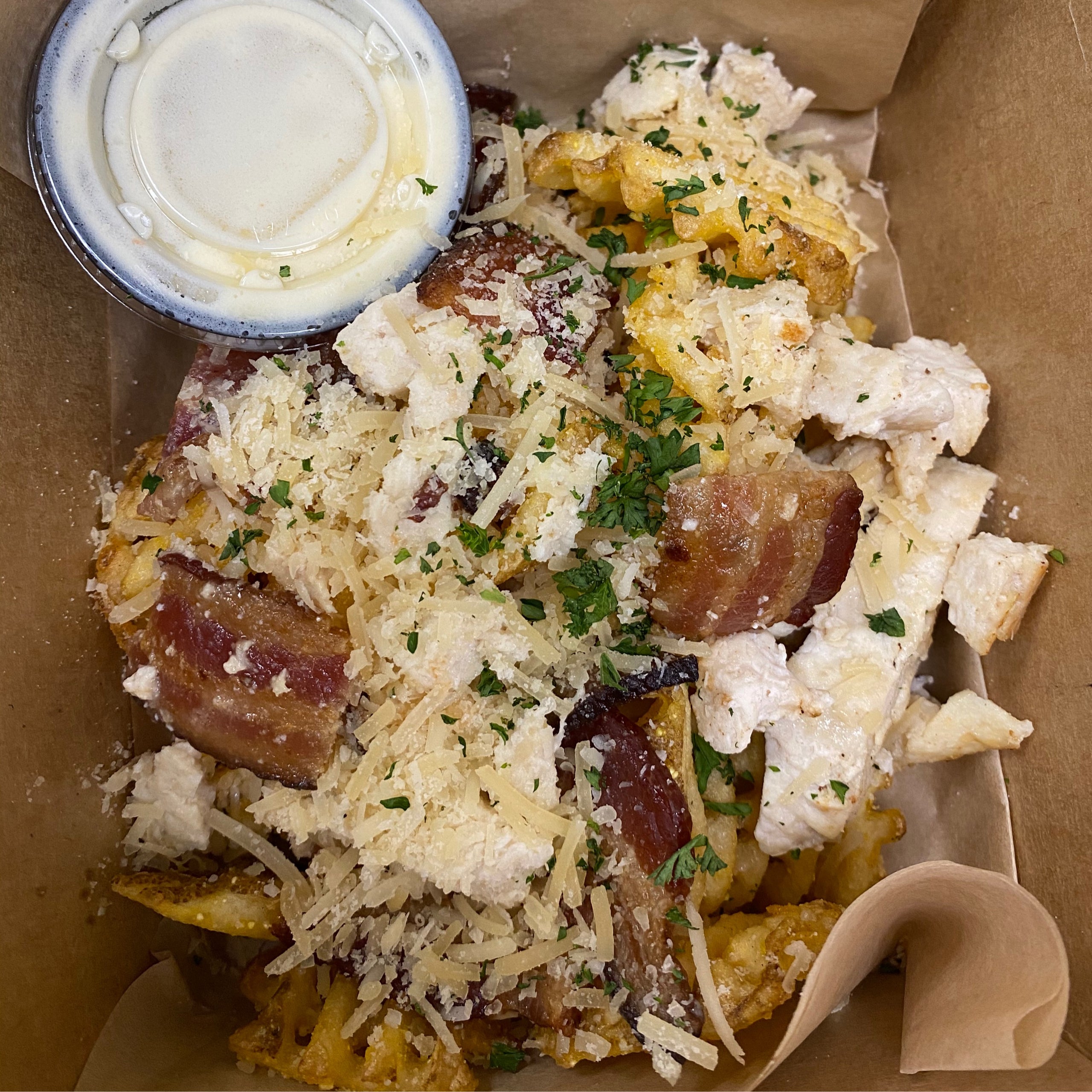 Loaded Riot Fries w/Parmesan, Chicken & Bacon w/2oz Signature Alfredo Sauce Food Riot